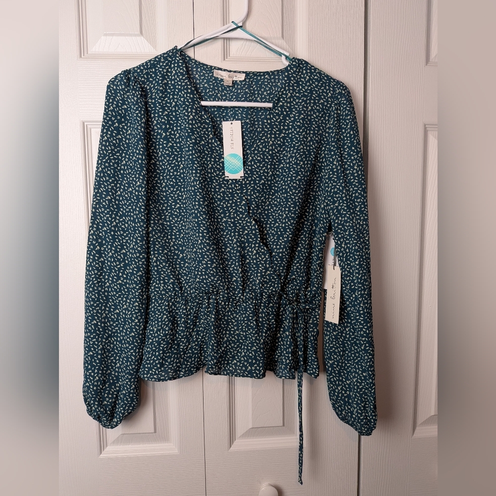 Nine Britton Teal Blouse with White Pattern